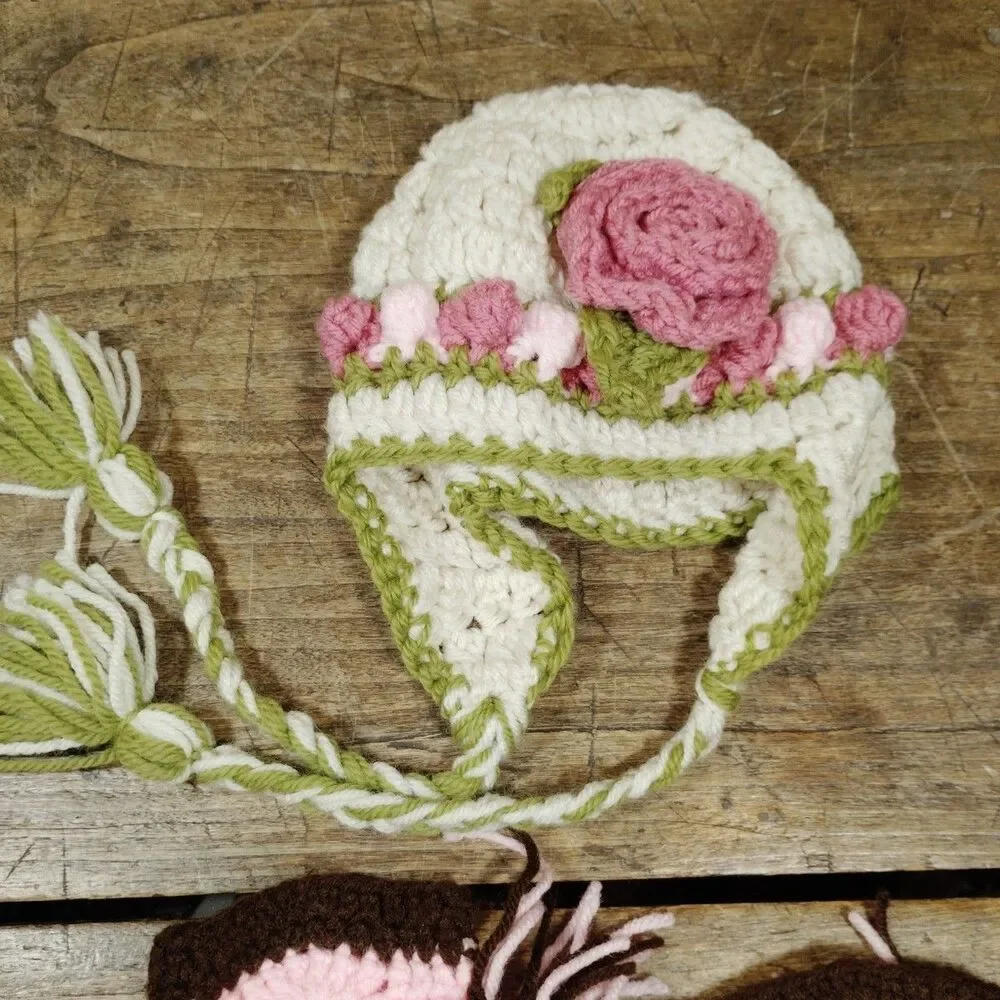 Baby Hand Knit Hat Booties Girl Handmade Crochet Boots Rose Floral Cap
